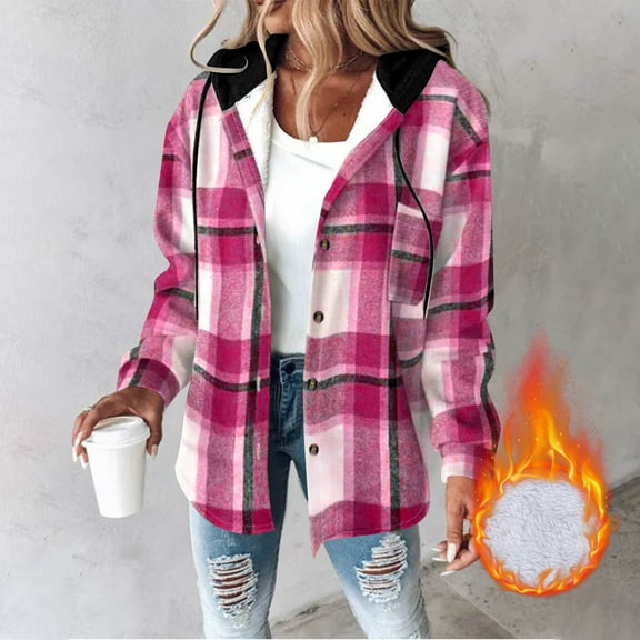 Women's Hooded Plaid Shacket Button down Long Sleeve Fleece Shirts Jackets Lightweight Fall Winter Warm Coat
