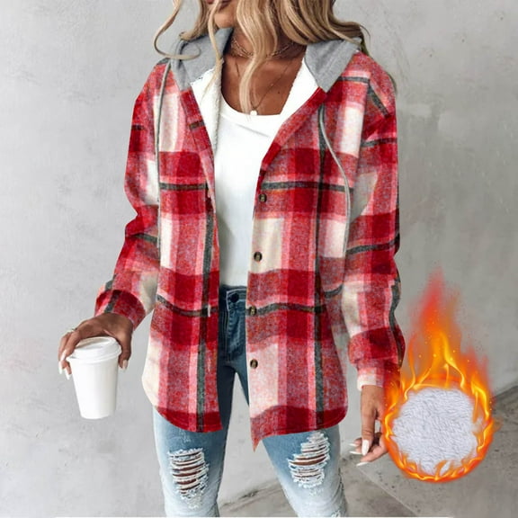 Women's Hooded Plaid Shacket Button down Long Sleeve Fleece Shirts Jackets Lightweight Fall Winter Warm Coat