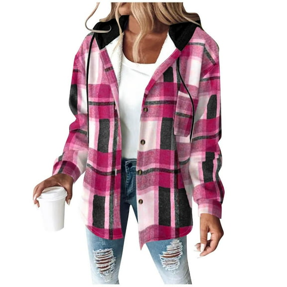 Women's Hooded Plaid Shacket Coat Button down Long Sleeve Plaid Shirts Fall Jackets Winter Coat Fashion Clothing Womens Tops with Pockets, Gifts for Women