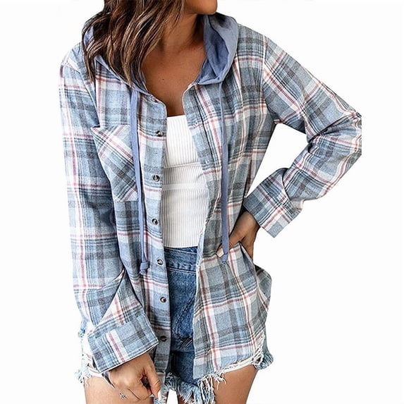 Women's Hooded Plaid Shirt Jacket, Button Front Long Sleeve Loose Overshirt with Raglan Sleeves