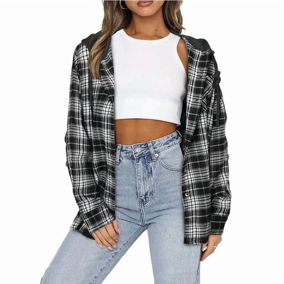 Women's Hooded Plaid Shirt Jacket, Button Front Long Sleeve Loose Overshirt with Raglan Sleeves