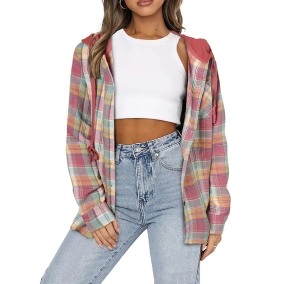 Women's Hooded Plaid Shirt Jacket, Button Front Long Sleeve Loose Overshirt with Raglan Sleeves