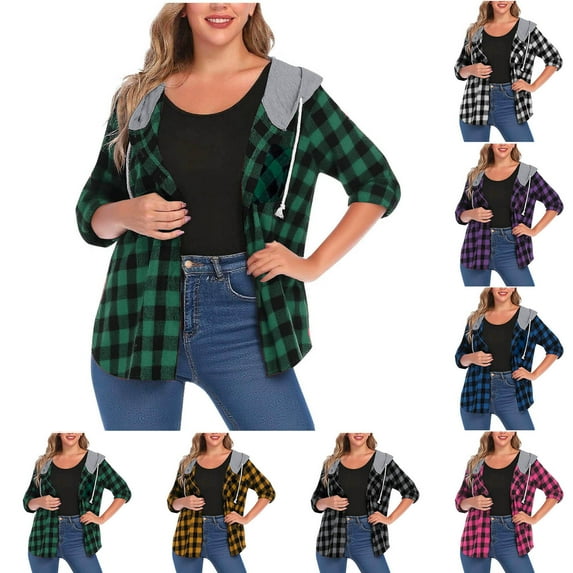 Women's Hooded Plaid Shirt Jacket Shacket Casual Loose Button Lapel Wool Blend Outwear Hoodies Coat Ndbuld ,Army Green,S