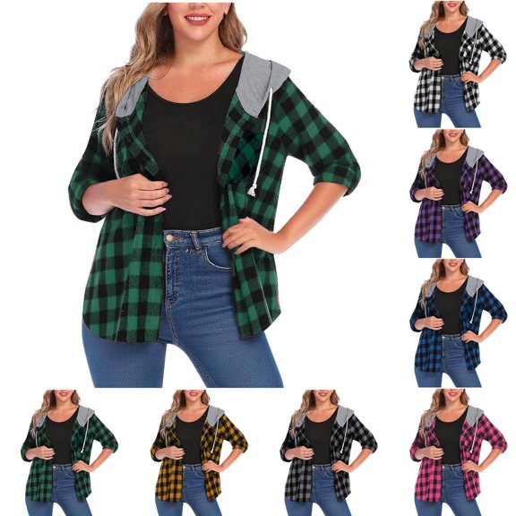Women's Hooded Plaid Shirt Jacket Shacket Casual Loose Button Lapel Wool Blend Outwear Hoodies Coat Ndbuld ,Army Green,XL