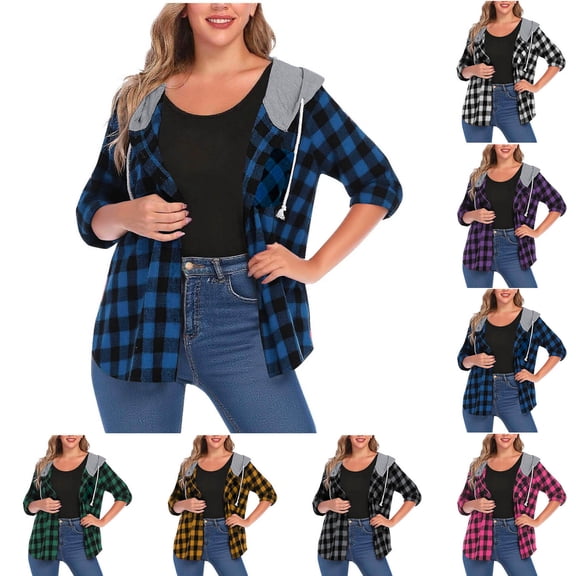 Women's Hooded Plaid Shirt Jacket Shacket Casual Loose Button Lapel Wool Blend Outwear Hoodies Coat Ndbuld ,Blue,XL