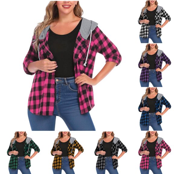 Women's Hooded Plaid Shirt Jacket Shacket Casual Loose Button Lapel Wool Blend Outwear Hoodies Coat Ndbuld ,Hot Pink,M