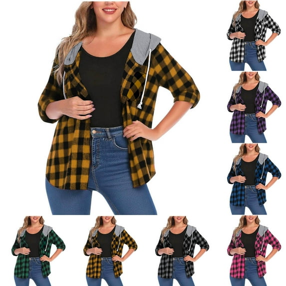 Women's Hooded Plaid Shirt Jacket Shacket Casual Loose Button Lapel Wool Blend Outwear Hoodies Coat Ndbuld ,Yellow,L