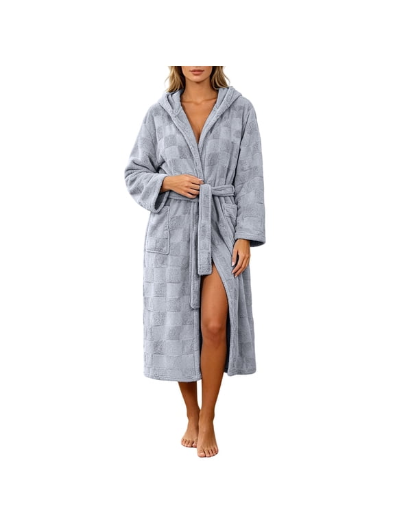 Women's Hooded Plush Bathrobe Tie Waist Long Soft Fluffy Fleece Home Robe with Pockets for Spa Shower Daily Wear Winter Nightgown Gray