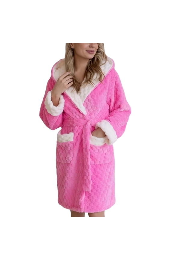 Women's Hooded Plush Bathrobe, Ultra Soft Jacquard Fluffy Robe with Pockets, Cozy Fuzzy Loungewear, Soft Fuzzy Nightgown