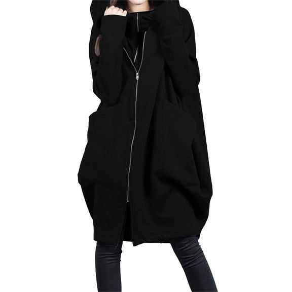 Women's Hooded Pocket Sweatshirt Zipper Mid Length Loose Jacket Solid Color Hoodie Plus Size Coats for Women Black S