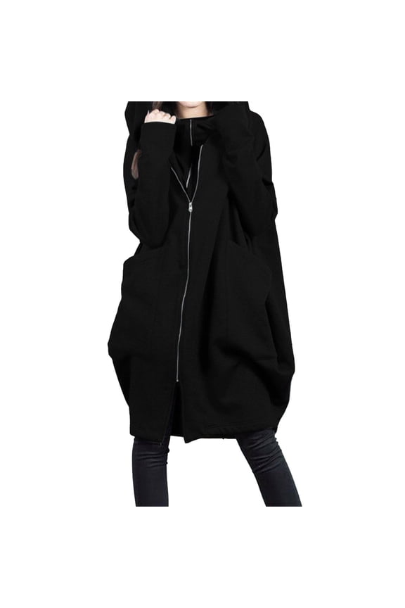 Women's Hooded Pocket Sweatshirt Zipper Mid Length Loose Jacket Solid Color Hoodie Plus Size Coats for Women Black S