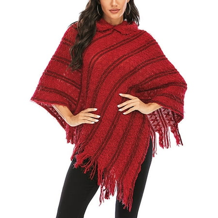 Women's Hooded Poncho Knit Poncho Pancho Blanket Poncho Hoodie Cape Shawl with Tassels