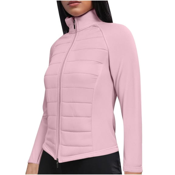 Women's Hooded Puffer Jacket Lightweight Quilted Zipper Solid Winter Coat Long Sleeve Padded Clothes 