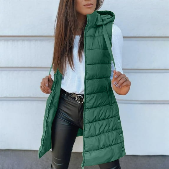 Women's Hooded Puffer Vest, Mid-Length Quilted Sleeveless Jacket, Plus Size Winter Vest, Casual Zip Up Vest, 2026 Solid Color Outerwear Green M