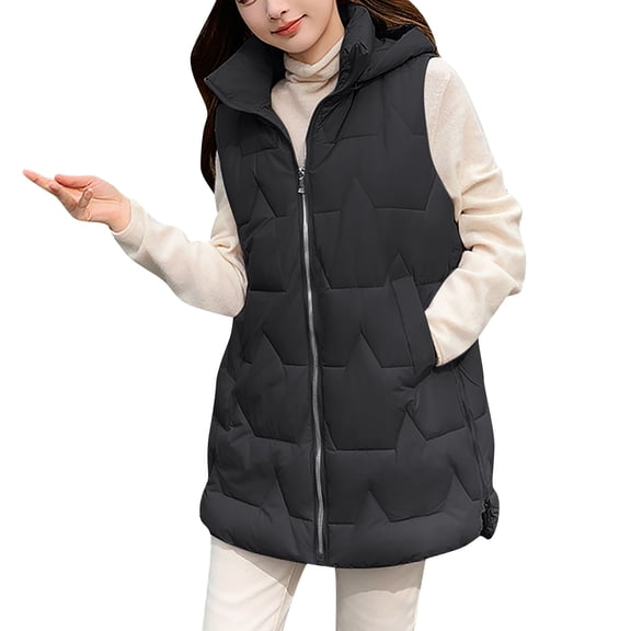 Women's Hooded Puffer Vest Zip Up Quilted Padded Winter Sleeveless Vest Gilet Side Zipper Warm Jacket Outerwear Black, L