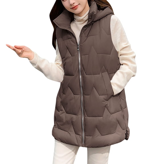 Women's Hooded Puffer Vest Zip Up Quilted Padded Winter Sleeveless Vest Gilet Side Zipper Warm Jacket Outerwear Coffee, XL