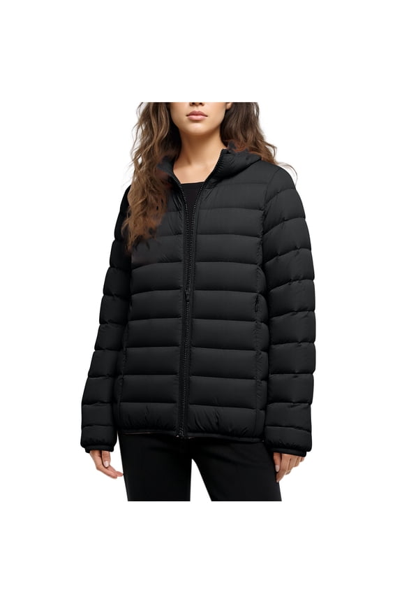 Women's Hooded Quilted Jacket Lightweight Padded Coat Zip Pockets Winter Warm Outerwear Black XS