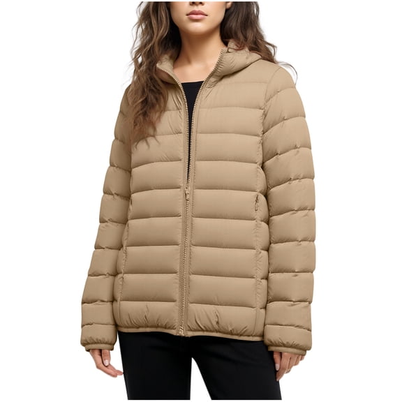 Women's Hooded Quilted Jacket Lightweight Padded Coat Zip Pockets Winter Warm Outerwear Khaki XS