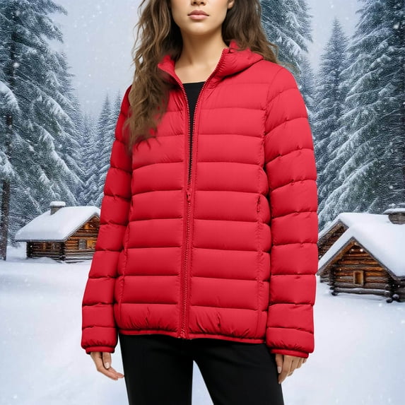 Women's Hooded Quilted Jacket Lightweight Padded Coat Zip Pockets Winter Warm Outerwear S