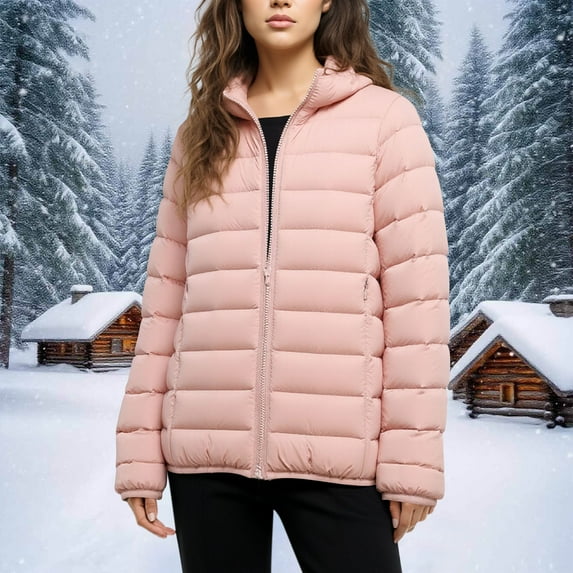 Women's Hooded Quilted Jacket Lightweight Padded Coat Zip Pockets Winter Warm Outerwear XS