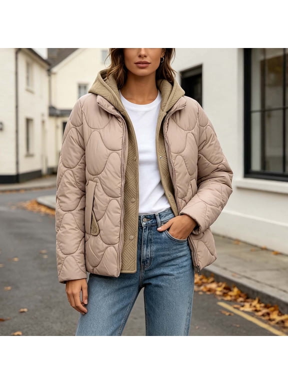 Women's Hooded Quilted Jackets Fake Two Piece Wave Quilted Zip Up Snap Fall Winter Casual Warm Padded Coat with Pockets,M-3XL