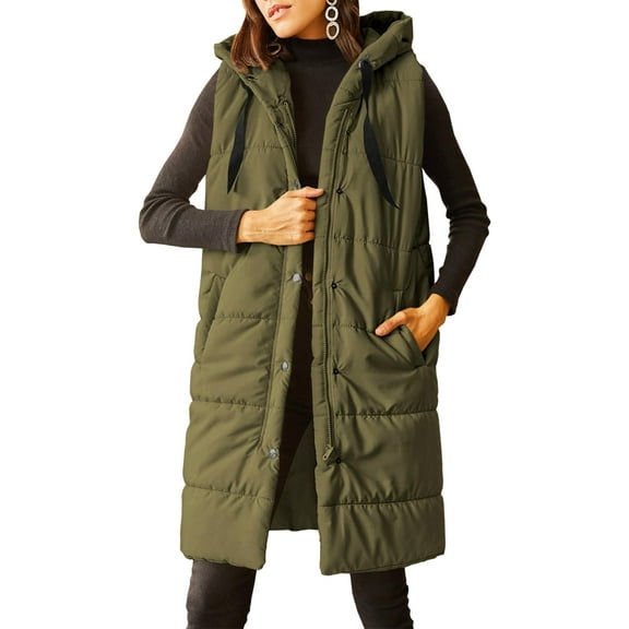 Women's Hooded Quilted Puffer Vest - Long Sleeveless Winter Jacket with Button Front & Pockets