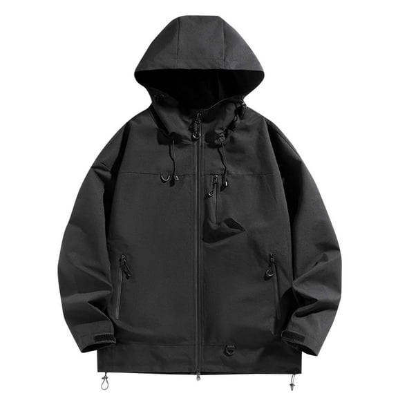 Women's Hooded Rain Jacket Fashionable Man Solid Color Windproof Water Prooft Zipper Pocket Drawstring Outdoor Waterproof Windbreaker Black S-3XL