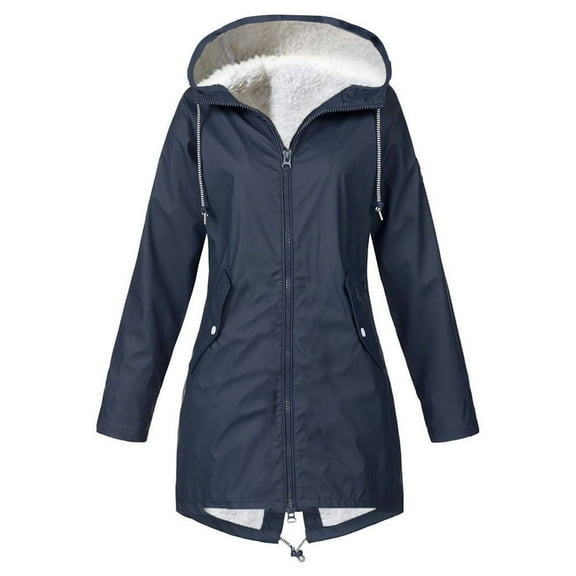 Women's Hooded Rain Jacket Fleece Lined Long Waterproof Raincoat Casual Full Zip Windbreaker Pockets Dark Blue XXL