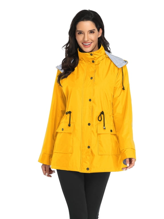Women's Hooded Rain Jacket Outdoor Raincoat Windbreaker (Yellow)