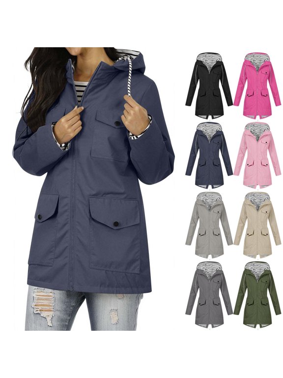 Women's Hooded Rain Jacket Solid Color 3 Large-Pocket Storm Jacket Newly Featured Waterproof Hooded Outdoor Outdoor Waterproof Windbreaker Navy S-3XL