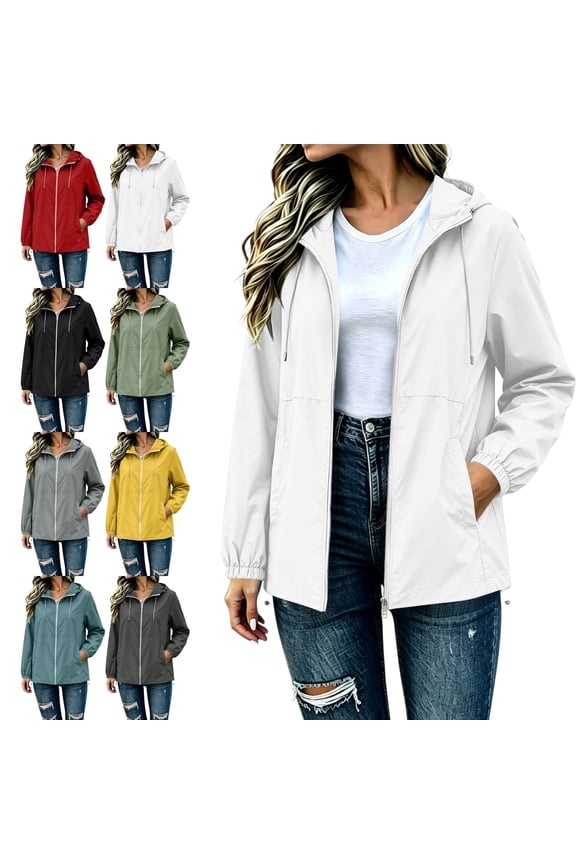 Women's Hooded Rain Jacket Waterproof Drawstring Long Sleeve Active Windbreaker Solid Color Fall Winter Coat with Pockets