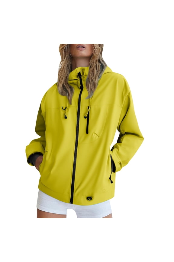 Women's Hooded Rain Jacket Zip Up Waterproof Windbreaker Lightweight Utility Outdoor Raincoats with Zipper Pockets Hiking Travel Outerwear Yellow