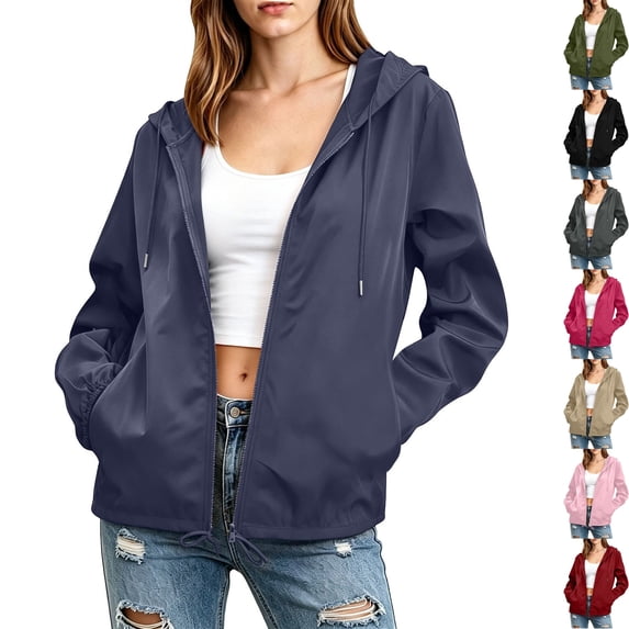 Women's Hooded Raincoat Waterproof Full Zip Hiking Lightweight Jacket Drawstring Hem Elastic Cuffs Windproof Outdoor Windbreaker for Running Camping, Navy, L