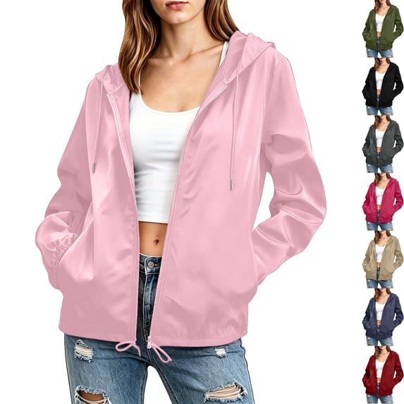 Women's Hooded Raincoat Waterproof Full Zip Hiking Lightweight Jacket Drawstring Hem Elastic Cuffs Windproof Outdoor Windbreaker for Running Camping, Pink, M