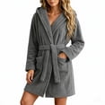 thumbnail image 1 of Women's Hooded Robes Lightwieght Long Sleeve Midi Length Bathrobe Plush Sleep Shower Spa House Robe for Women Gray L, 1 of 7