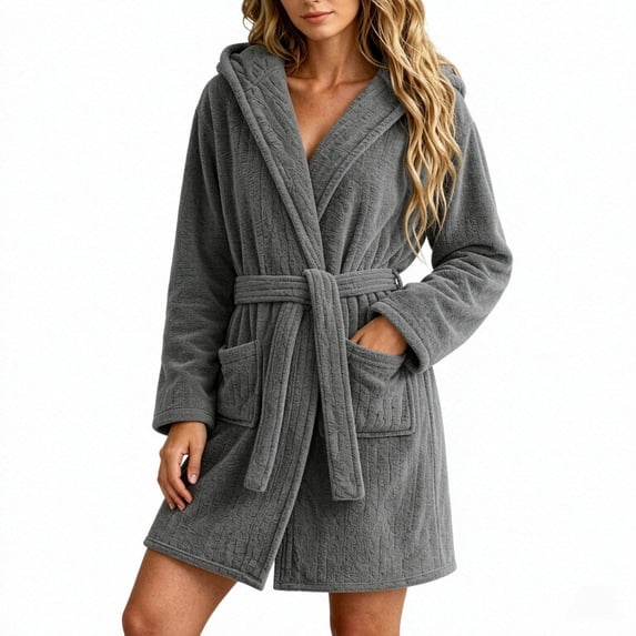 Women's Hooded Robes Lightwieght Long Sleeve Midi Length Bathrobe Plush Sleep Shower Spa House Robe for Women Gray L