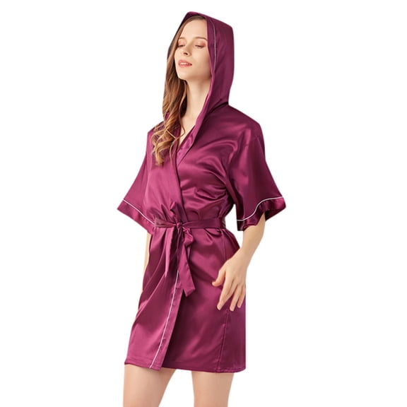 Women's Hooded Satin Kimono Robe - Short Silk Bathrobe - Bridesmaid Wedding Party Sleepwear - Solid Color