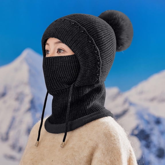 Women's Hooded Scarf Beanie Hat, Winter Ear Nose Warmer Mask, Fleece Lined Windproof Cap, All-in-One Neck Gaiter, Cold Weather Face Protection, Unisex Winter Set - Black