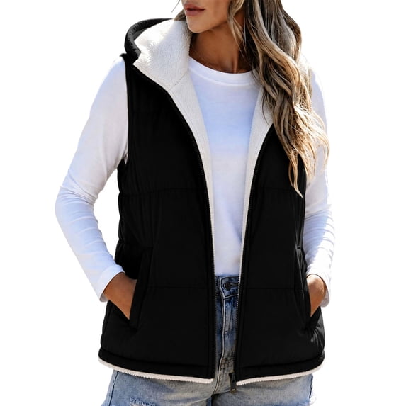 Women's Hooded Sherpa Lined Vest Quilted Zip Up Puffer Jacket Sleeveless Winter Warm Fleece Casual Outerwear Gilet with Pockets S-XXXL Black
