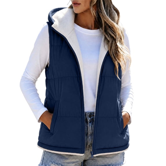 Women's Hooded Sherpa Lined Vest Quilted Zip Up Puffer Jacket Sleeveless Winter Warm Fleece Casual Outerwear Gilet with Pockets S-XXXL Blue
