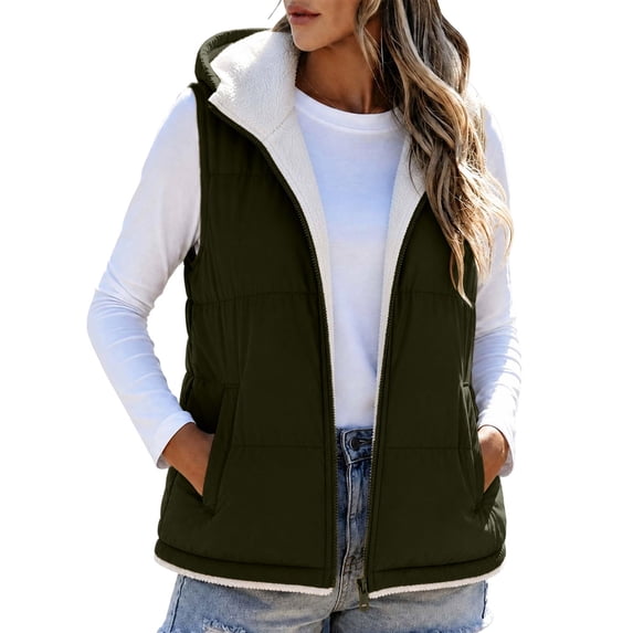 Women's Hooded Sherpa Lined Vest Quilted Zip Up Puffer Jacket Sleeveless Winter Warm Fleece Casual Outerwear Gilet with Pockets S-XXXL Green