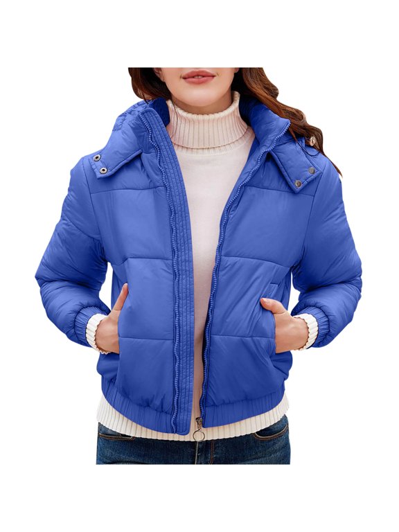 Women's Hooded Shiny Quilted Puffer Coat Long Sleeve V-Neck Casual Winter Jacket Lightweight Warm Outerwear for Cold Weather Commute and Weekend Strolls