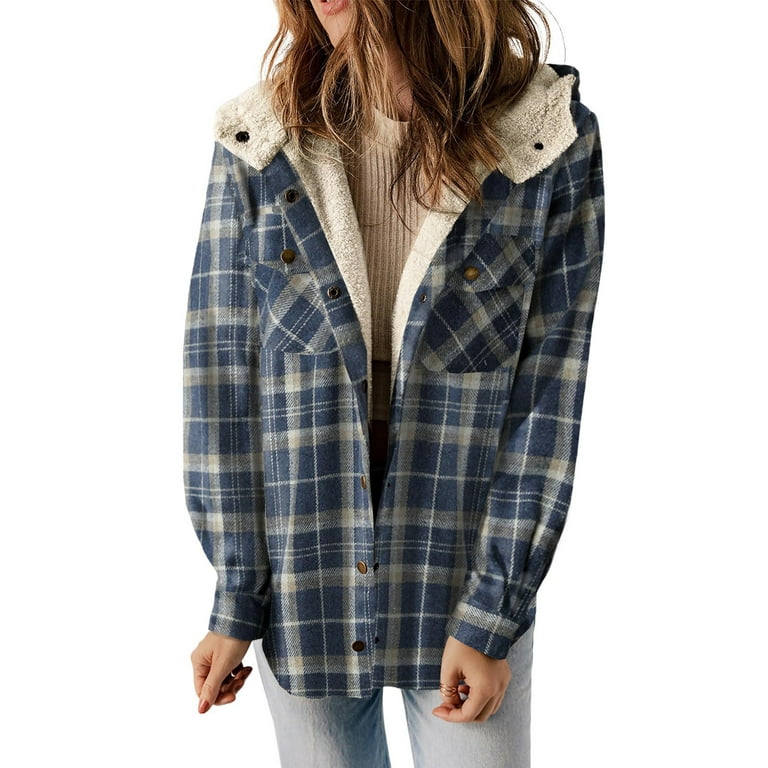 Flannel Plaid Shacket for Women Flannel Hooded Shacket Jacket Outerwear  Plaid Button Down Shirts 2023 Fall Coat Tops