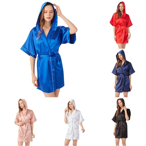 Women's Hooded Silk Robes Satin Kimono Robe Short Bathrobe Bridesmaid Wedding Party Sleepwear Ladies Bathrobes Short L