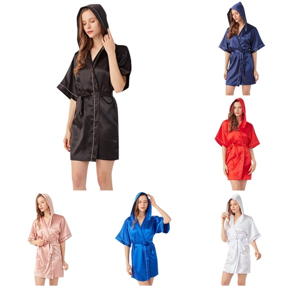 Women's Hooded Silk Robes Satin Kimono Robe Short Bathrobe Bridesmaid Wedding Party Sleepwear Ladies Bathrobes Short XXL