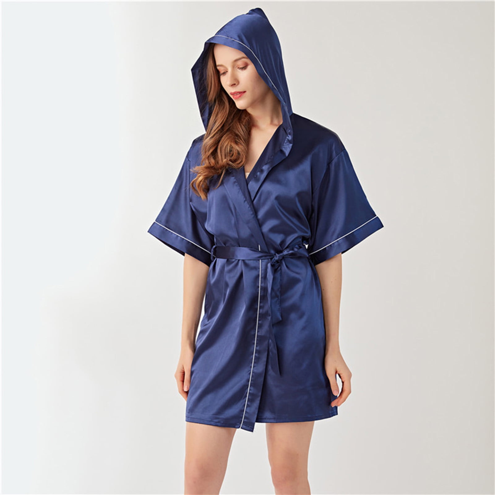 Women's Hooded Silk Robes Satin Kimono Robe Short Bathrobe Bridesmaid ...