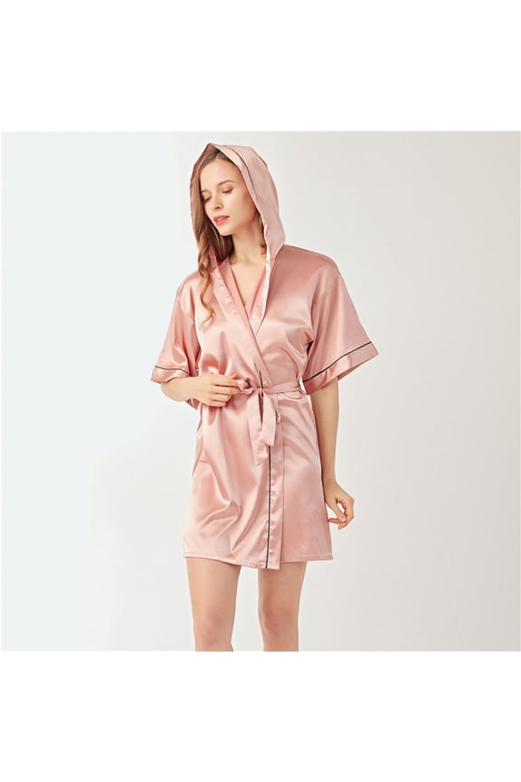 Women's Hooded Silk Robes Satin Kimono Robe Short Bathrobe Bridesmaid Wedding Party Sleepwear Lightweight Towel Wrap Women Robe Satin Bride Robe Robe Warmer Women's Robe with Hood Silk Robe for Women