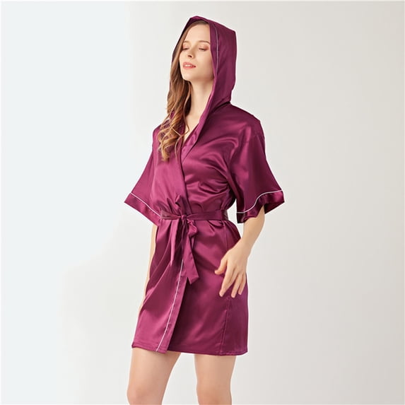 Women's Hooded Silk Robes Satin Kimono Robe Short Bathrobe Bridesmaid Wedding Party Sleepwear Robes for Women for Shower Women's Robes plus Size Ladies Robes 20 Happy Wraps Store Long Nightgown Full