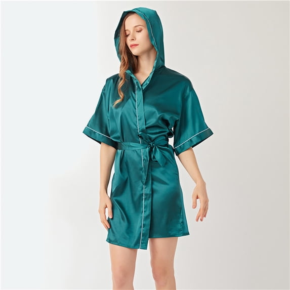 Women's Hooded Silk Robes Satin Kimono Robe Short Bathrobe Bridesmaid Wedding Party Sleepwear Robes for Women for Shower Women's Robes plus Size Ladies Robes 20 Happy Wraps Store Long Nightgown Full
