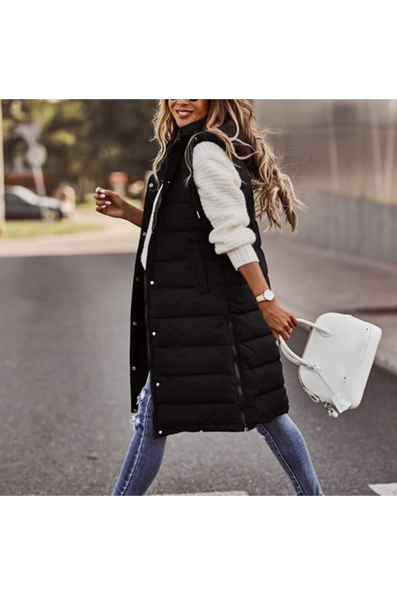 Women's Hooded Sleeveless Vest, Mid-Length Quilted Puffer Coat, Thermal Lined Sleeveless Jacket, Outdoor Casual Coat, Winter Layering Piece Black L